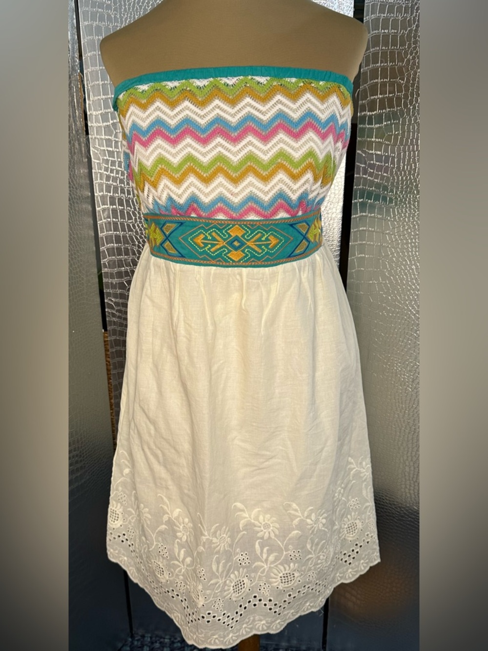 Flying Tomato Cream Eyelet Skirt Strapless Dress with Multicolor Chevron Bodice